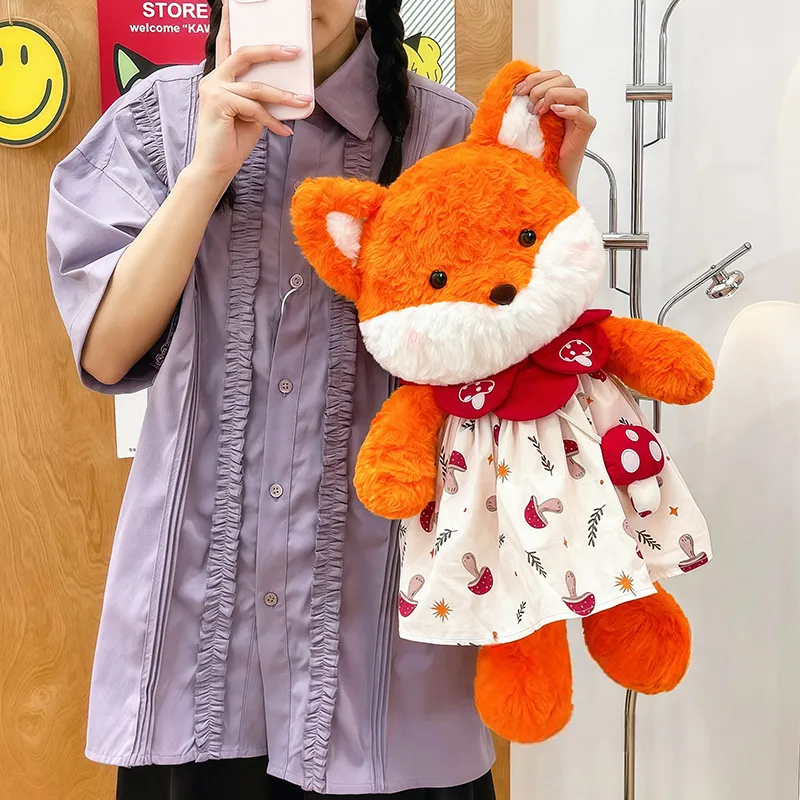 Cute Mushroom-Picking Fox Plush Toy – Soft Dressed Stuffed Animal, Adorable Little Fox Doll & Birthday Gift for Kids